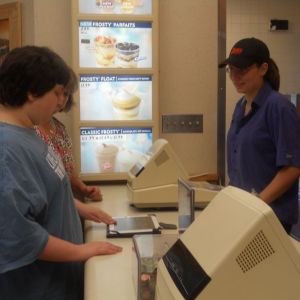 Student Marci Pickens places her very first order at Wendy's