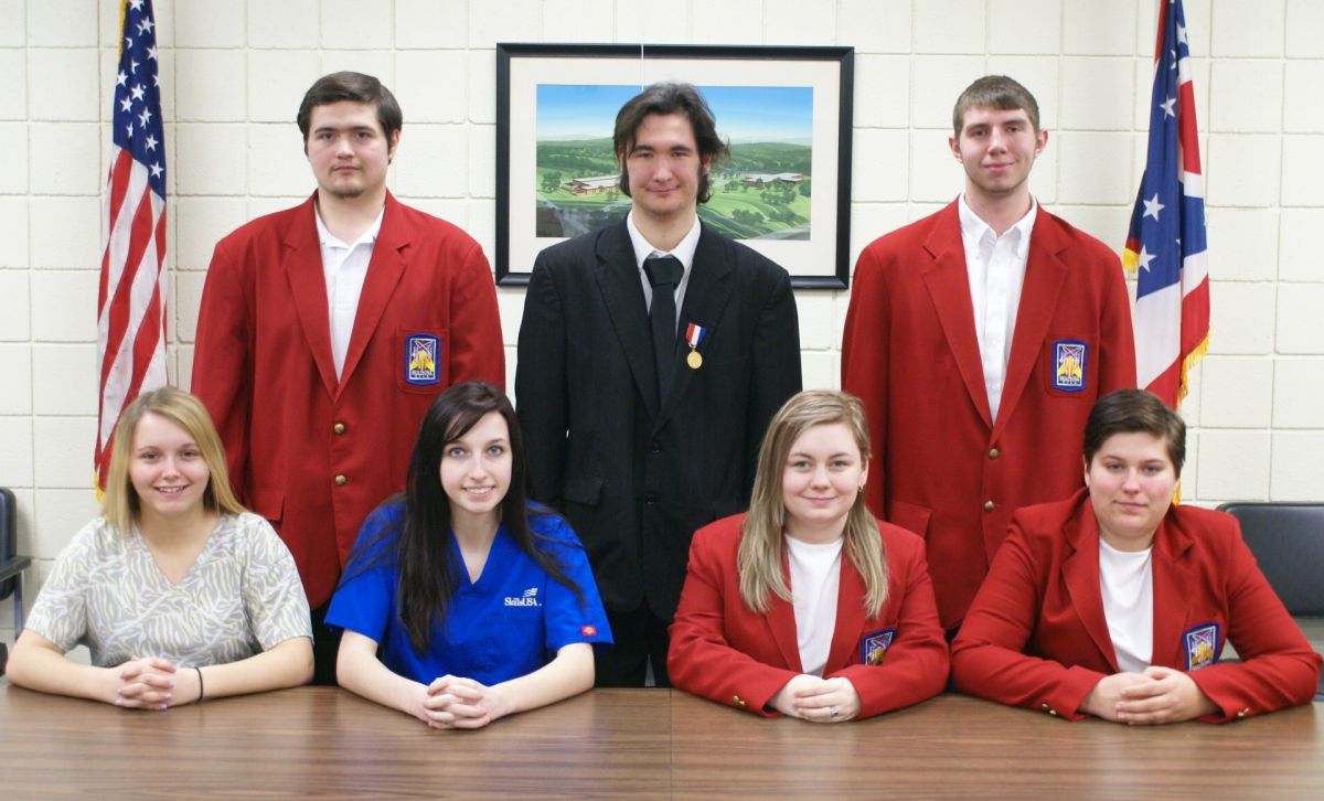 Pictured, seated from left, are Deanna Spoon, Allied Health Science, Bridgeport, competing in medical assisting; Kyley Dulkoski, Dental Assisting, Harrison Central, competing in dental assisting; Fallyn Carpenter, Visual Graphics/Web Design, Barnesville, 